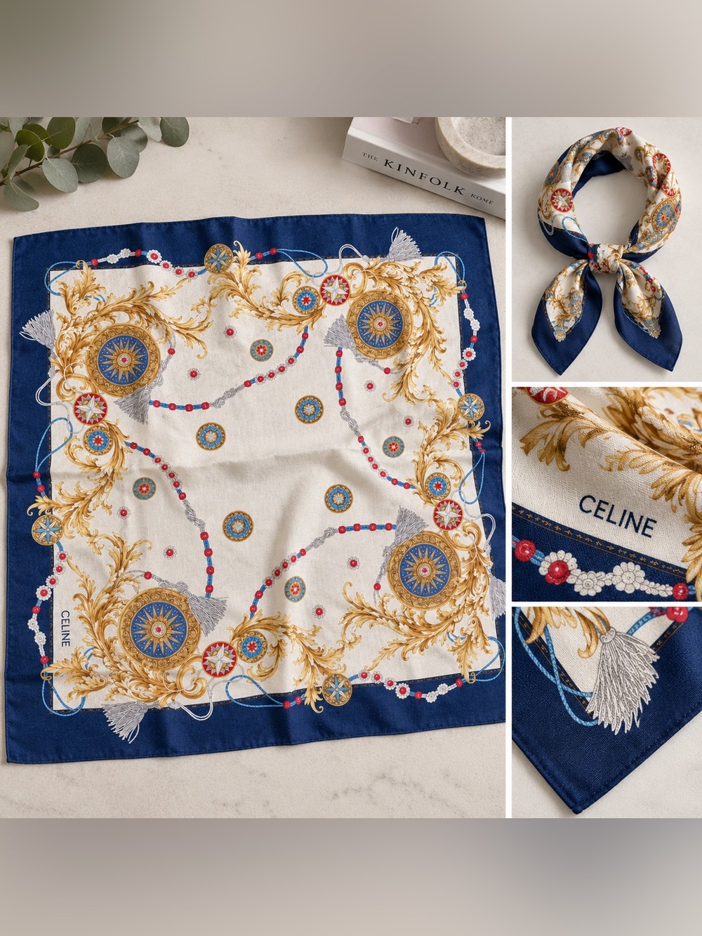 Celine Navy, Cream & Gold Baroque Scarf with Red Accents